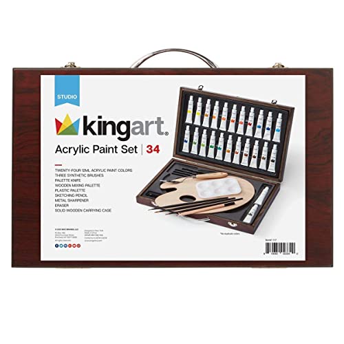 KINGART Studio Acrylic Painting Set, Espresso Wood Case, Set of 34 PC