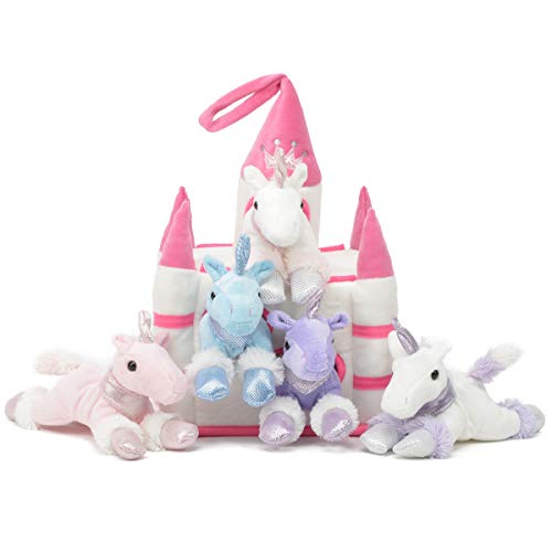 Unipak Plush Unicorn Castle with Animals - Five (5) Stuffed Animal Unicorns in Play Carrying Castle Case - White