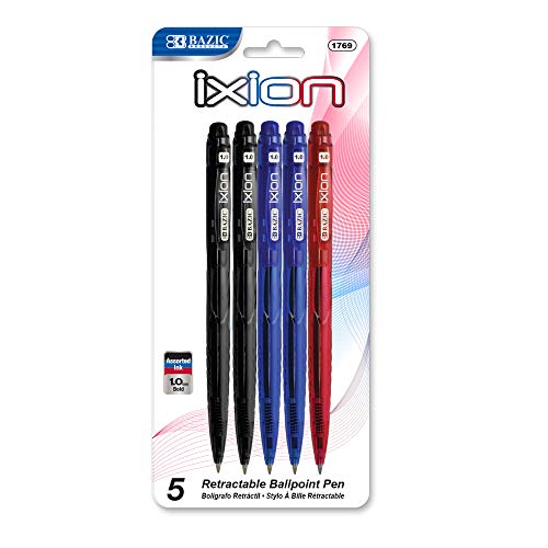 BAZIC Ixion Assorted Color Retractable Pen (5/Pack), 1-Pack