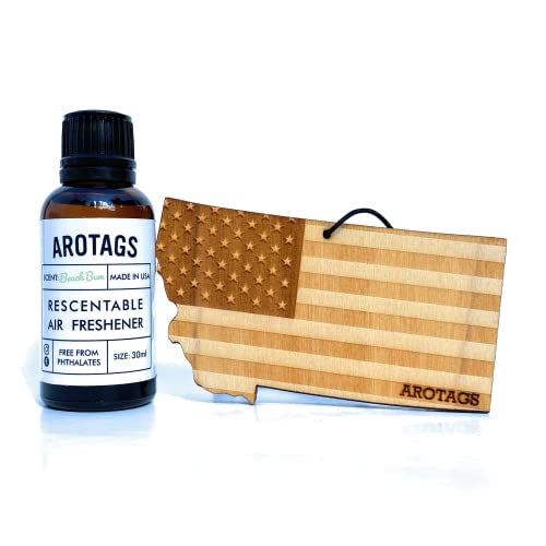Arotags Montana Patriot Wooden Car Air Freshener - Long Lasting Beach Bum Scent Diffuses for 365+ Days - Includes Hanging Mirror Diffuser and Fragrance Oil - 100% American Made