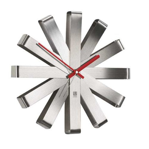 Umbra Ribbon Modern 12-inch Wall Clock, Battery Operated Quartz Movement, Silent Non Ticking Wall Clock, Stainless Steel