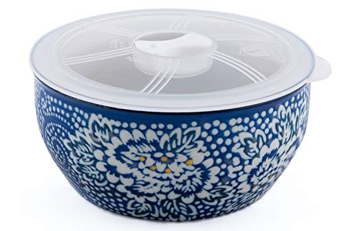 FMC Fuji Merchandise Microwave Ceramic Bowl With Lid Ideal For Food Prep Food Storage Meal Planning (Blue Floral 5")