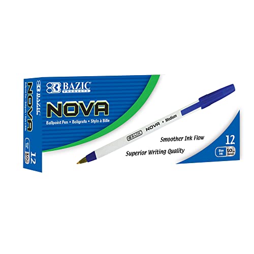 BAZIC Ballpoint Pen Nova Blue Color Stick Pens, 1.0 mm Bold Point Smooth Writing, for Office School Teacher (12/Pack), 1-Pack