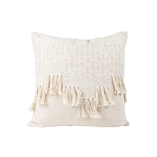 Foreside Home & Garden Cream Alternating Fringe 18X18 Hand Woven Filled Pillow