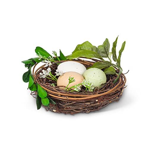 Abbott Collection  27-HEDGEWOOD-125 Nest with Eggs & Leaves, Natural/Green