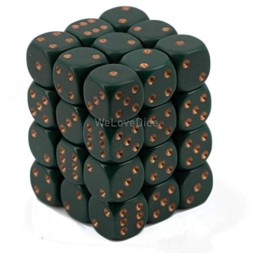 Chessex Opaque 12mm d6 Dusty Green w/Copper Dice Block - Set of 36