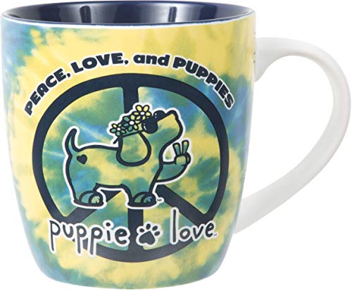 Pavilion Gift Company Bone China 17 Oz Mug-Puppie Love Peace, Love & Puppies Tie Dye Dog, Blue