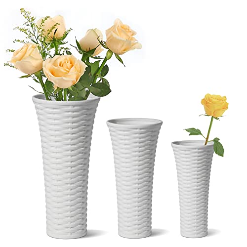 ComSaf White Vases for Decor Ceramic - Set of 3, Porcelain Flower Vases Unique Home Decor Rattan Style Vases