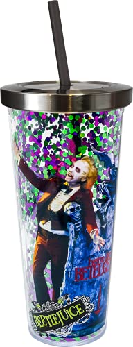 Spoontiques - Beetlejuice - Acrylic Tumbler - Glitter Cup with Straw - 20 oz