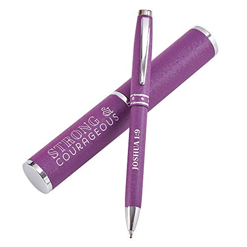 Christian Art Gifts Strong & Courageous Purple Stylish Classic Pen in Matching Gift Case - Joshua 1:9 Bible Verse Refillable Retractable Medium Ballpoint Pen for Journal Planner Writing Note Taking Calendar Agenda