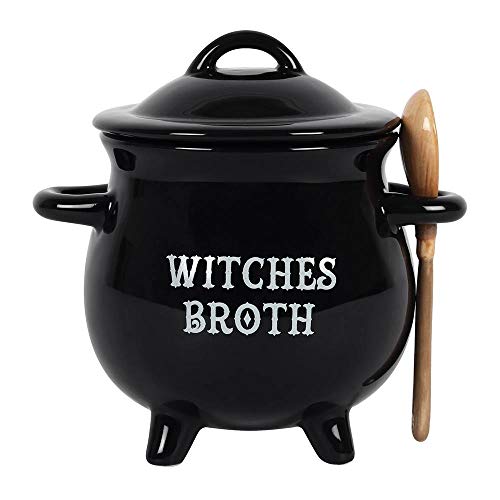 Pacific Trading Giftware Witches Broth Cauldron Ceramic Bowl with Broom Spoon