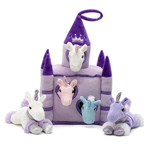 Unipak 12" Plush Castle - 5 Stuffed Animals in a Castle Carrying Case (Unicorns Purple Lavender Castle)