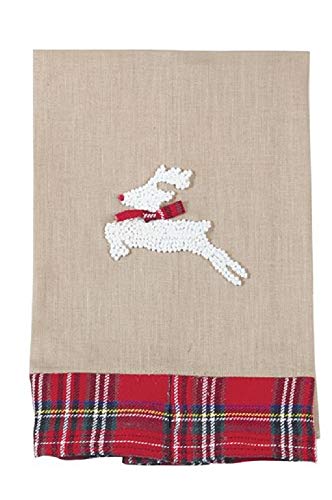 Mud Pie Rudolph The Red Nosed Tartan Plaid French Knot Tea Towel,21"L x 14"W, Reindeer
