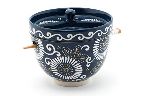 FMC Fuji Merchandise Mira Design Japanese Design Quality Ceramic Ramen Udong Soba Tempura Noodle Bowl with Chopsticks and Condiment Lid 6 Inch Diameter (Japanese Kiku Chrysanthemum)