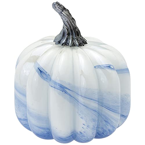 Boston International Pumpkin Fall Autumn Harvest Thanksgiving Tabletop Decorations Hand Blown Glass, Medium, White Blue Swirl