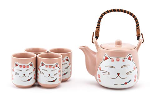 FMC Fuji Merchandise Japanese Design Delightfully Chubby Cats Ceramic Tea Pot and 4 Cups Tea Set Asian Home Decor