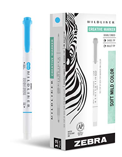 Zebra Pen Mildliner Double Ended Highlighter Marker Set, Broad and Fine Point Tips, Mild Cyan Ink, 12-Pack