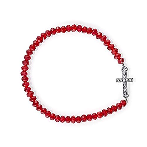 1928 Jewelry Silver-Tone Crystal Sideways Cross Red Bead Stretch Bracelet