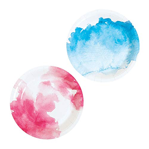 Fun Express PINK AND BLUE WATERCOLOR DESSERT PLATE - Party Supplies - 8 Pieces
