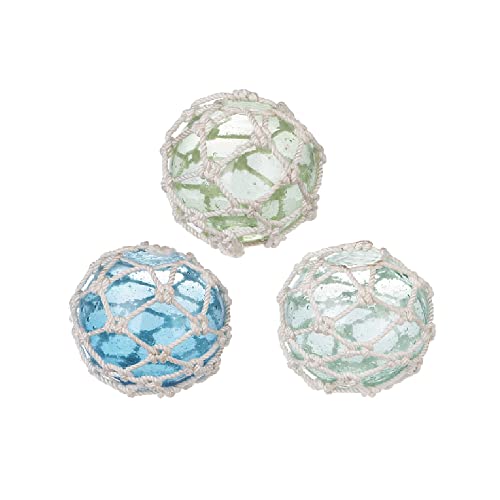 Ganz Bubble Glass Orb with Net, Pack of 3, Glass, Rope, 4 Width, 4 Depth, 4 Height, Blue, White