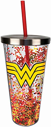 Spoontiques 21337 Wonder Woman Logo Glitter Cup w/Straw, One Size, Red & Gold