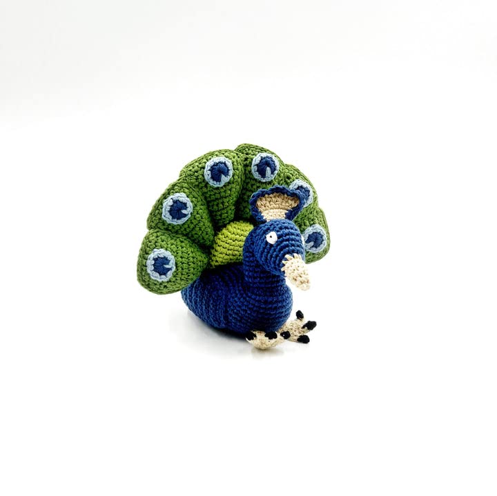 Pebble | Handmade Peacock Rattle | Crochet | Fair Trade | Pretend | Imaginative Play | Woodlands | Rattle | Machine Washable