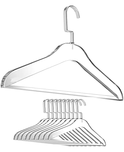 Clear Acrylic Clothes Hangers - 10 Pack Stylish and Heavy Duty Closet Organizer with Chrome Plated Steel Hooks - Non-Slip Notches for Suit Jacket, Sweater - by Designstyles (Silver Pants Bar)