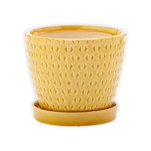 Napco 13927 Geometric Arrow Pattern Yellow 4.75 x 5.5 Ceramic Standing Container Garden Planter Pot with Saucer