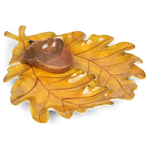 Transpac Leaf and Acorn Autumn Yellow 15 x 13 Dolomite Ceramic Harvest Chip and Dip Set