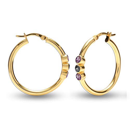 LeCalla Flaunt Sterling Silver Jewelry Round Hoop Earrings for Teens and Women (3 MM Purple Amethyst & Black Onyx Round Cut)