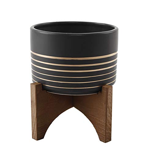 Flora Bunda Mid Century 4.75 inch Ceramic Planter on Wood Stand Great for Succulent Desktop Black/Gold Line