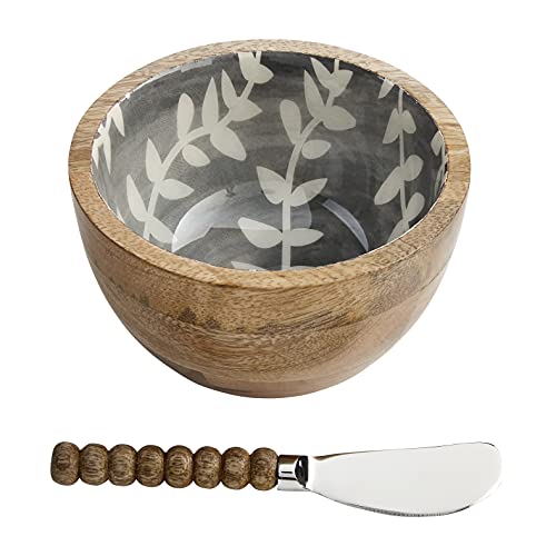 Mud Pie Mango Wood lead Dip Bowl Set, 3" x 5" dia, spreader 6", Gray Leaf
