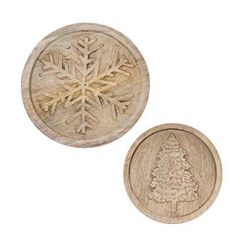 Melrose 86134 Tree and Snowflake Trivet, Set of 2, 10-inch Diameter, Wood