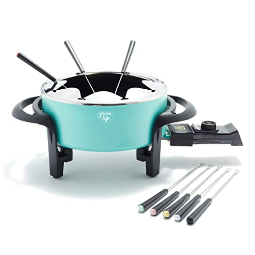 Cookware Company GreenLife Healthy Ceramic Nonstick 3QT Fondue Party Set with 8 Forks, Turquoise