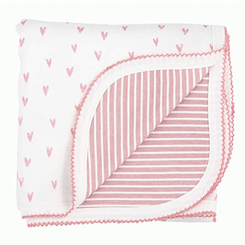 Creative Brands Stephan Baby Stripey Knit Collection, Reversible Blanket, Pink + White Stripes with Hearts