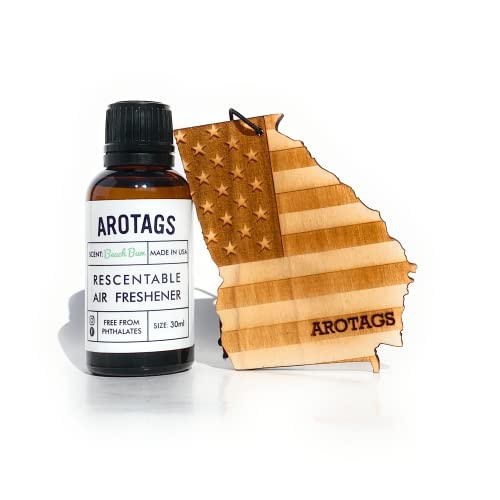 Arotags Georgia Patriot Wooden Car Air Freshener - Long Lasting Beach Bum Scent Diffuses for 365+ Days - Includes Hanging Mirror Diffuser and Fragrance Oil - 100% American Made