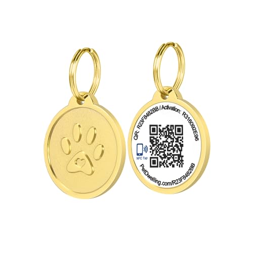 Pet Dwelling Smart QR Code-NFC Pet ID Tag - Dog Tags - Cat Tags - Online Pet Profile - Instant Email Alert -Scanned QR Tag GPS Location (Gold Paw)