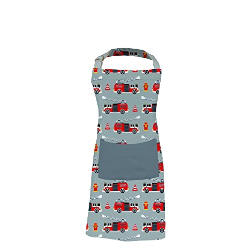 M√úkitchen Kids Apron | 24" Kids Cooking Aprons for The Kitchen, Chef Costumes and Crafts | 100% Cotton | Extra Long Ties at Neck & Waist | Large Pockets & Fun Details | Machine Washable | Fire Truck