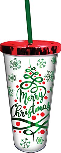 Spoontiques 21638 Merry Christmas Foil Cup w/Straw, 20 ounces, White