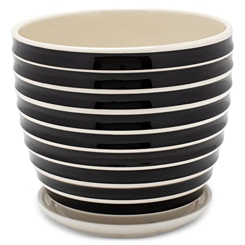 Napco Striped Black and White Ribbed 5.5 x 6 Inch Ceramic Flower Pot Planter with Saucer 6 x 5.5