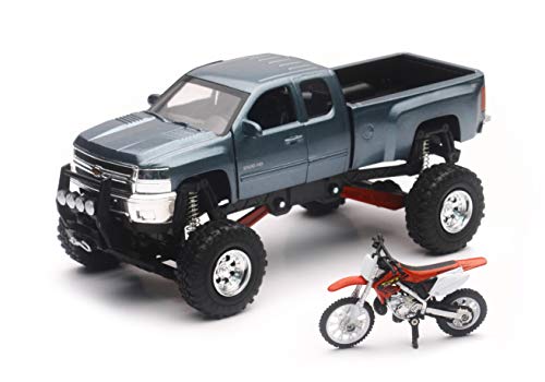 New Ray Toys Chevrolet 4x4 Gray Silverado Pickup Truck w/ Working Suspension and Honda Dirt Bike