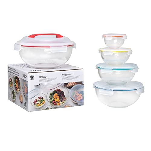 GENICOOK Nesting Glass Salad/Mixing Bowl Set With Lock Down Lids and Carry Handle on Largest Bowl - 10 pc set (5 Bowls, 5 Lids)