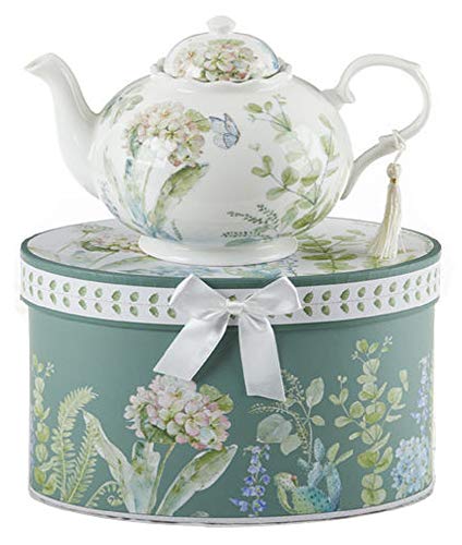 Delton 9.5 x 5.6 Inch Porcelain Tea Pot in Gift Box Blue Hydrangea