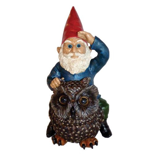 BFG supply Garrold Gnome on an Owl by Michael Carr Designs - Outdoor Gnome and Owl Figurine for gardens, patios and lawns (80047)