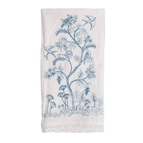 Foreside Home & Garden Blue Chinoiserie Pattern 27 x 18 Inch Embroidered Kitchen Tea Towel with Hand Sewn Lace Trim