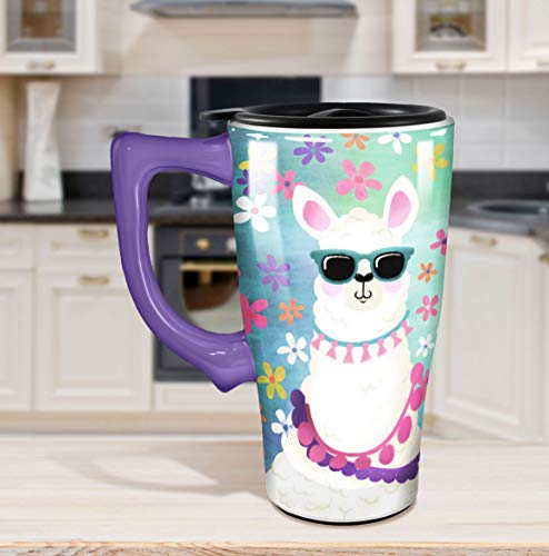 Spoontiques White Llama Ceramic Travel Mug, 18 oz, Multicolored