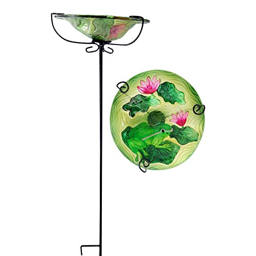 Comfy Hour Bird Meets Garden Bath Collection 28" Frog Lotus Glass Top Birdbath Birdfeeder Metal Art Garden Stake