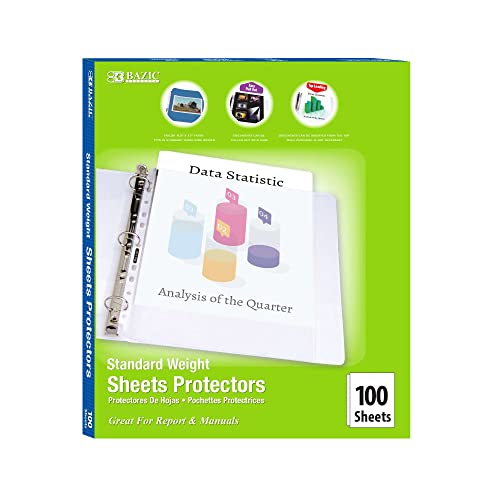 BAZIC Sheet Protectors Standard Weight, Fit 8.5x11 Inch Paper, 11 Hole Clear Plastic Sleeves Ring Binder Sheets, Archival Safe (100/Pack), 1-Pack