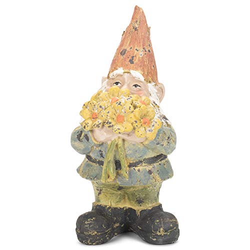 Napco Rustic Garden Gnome Holding Flower Bouquet 12 x 6 Inch Resin Stone Decorative Tabletop Figurine