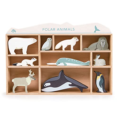 Tender Leaf Toys - Polar Animals - 10 Solid Wood Polar Animals with Shelving Unit for Age 3+